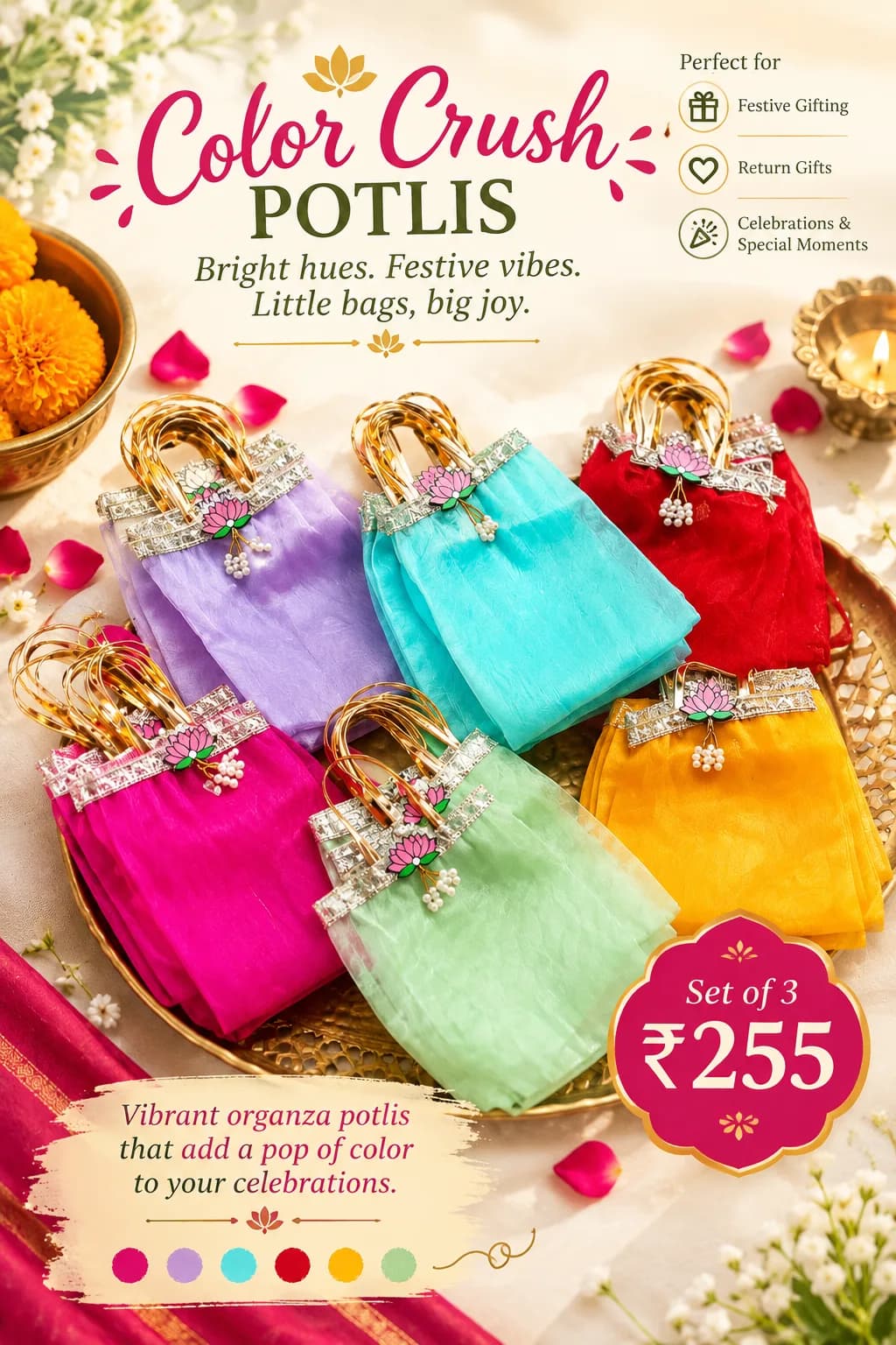Festive Favor Potlis | A set of 3 in assorted colors