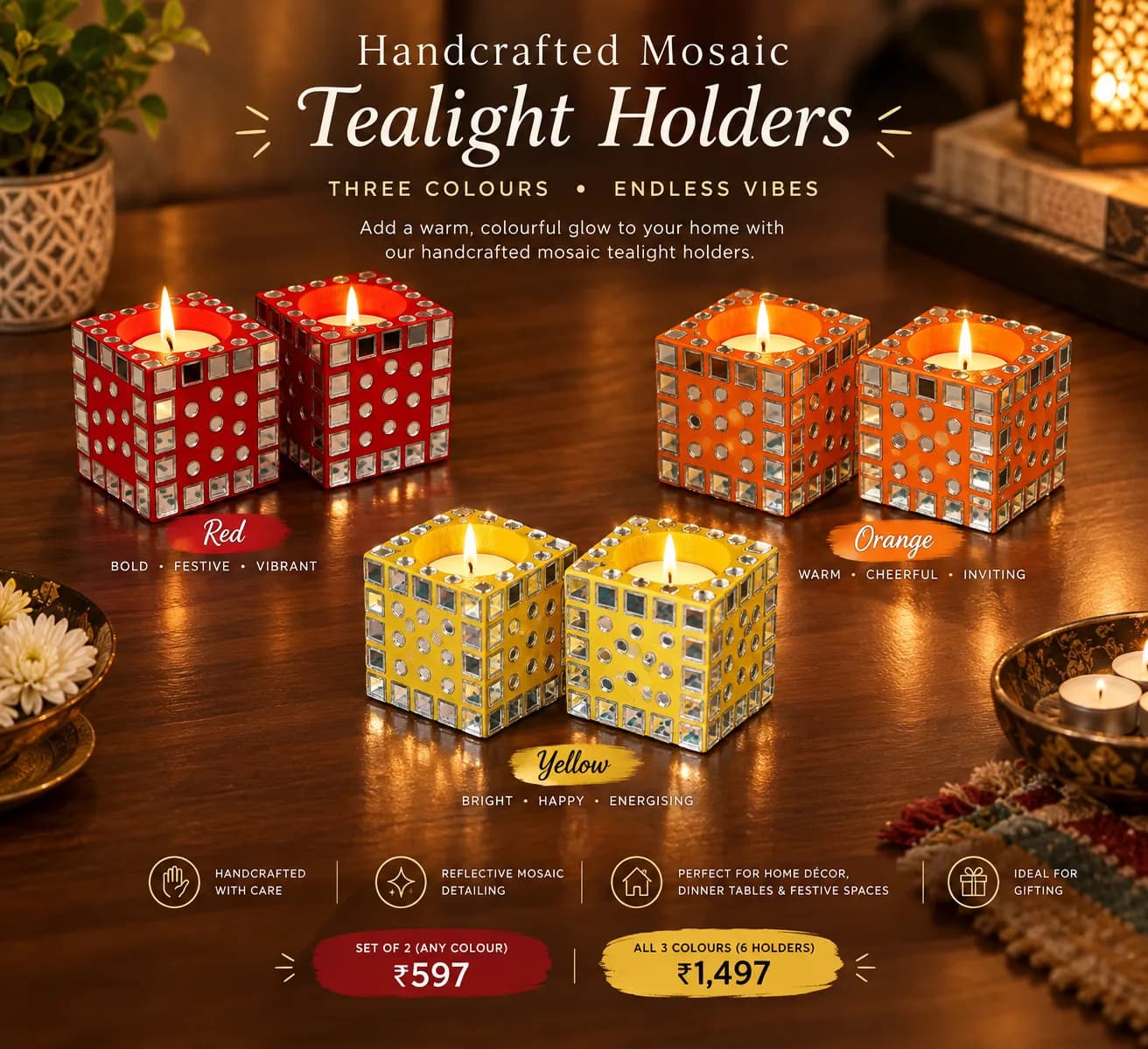Mosaic Tealight Candle Holders: Set of 2