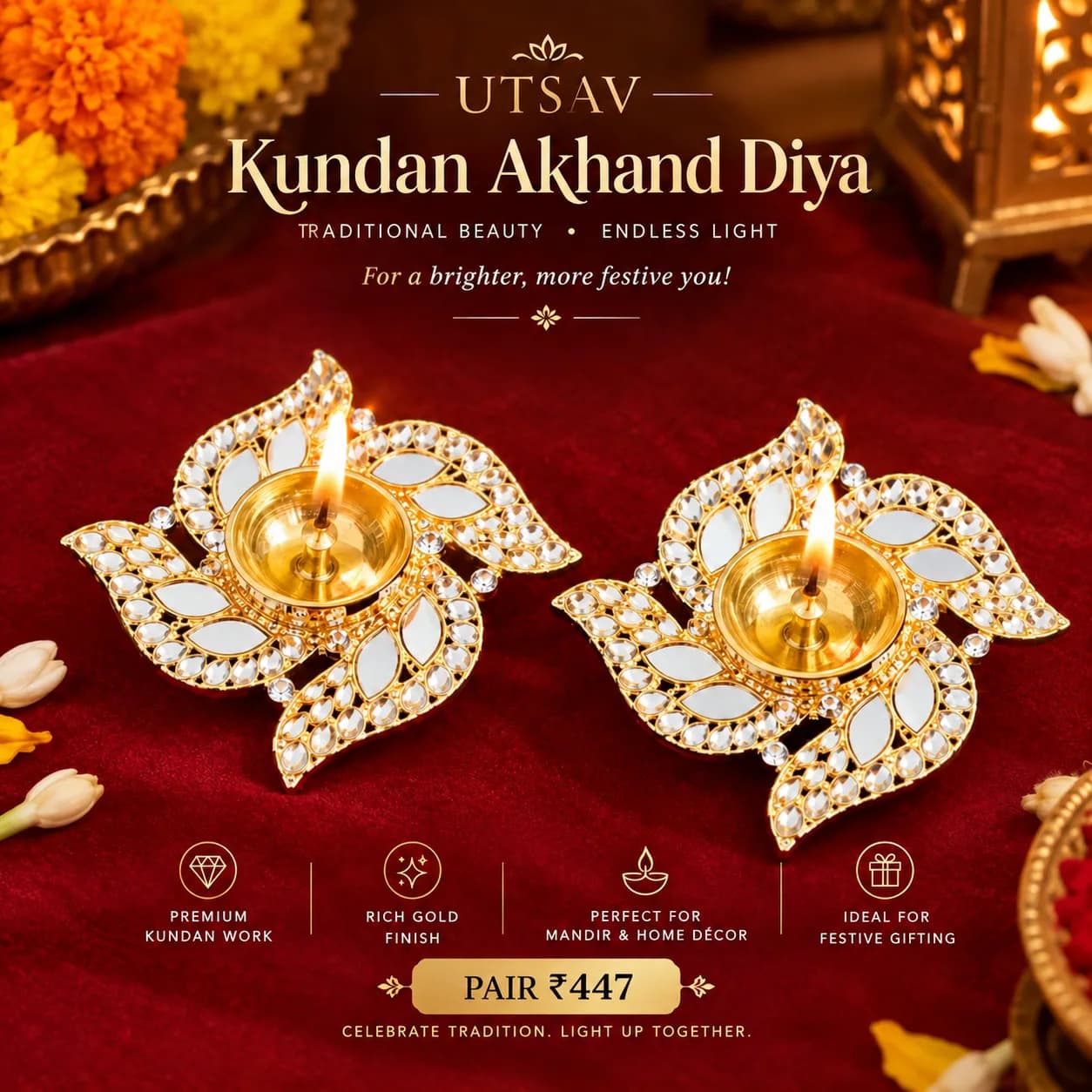 Kundan  Swirl Akhand Diyas | Set of 2