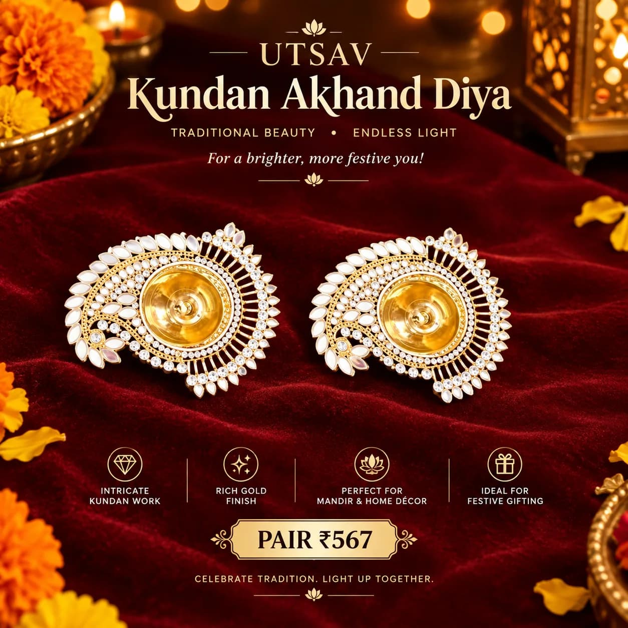 Kundan Shobha Akhand Diyas | Set of 2