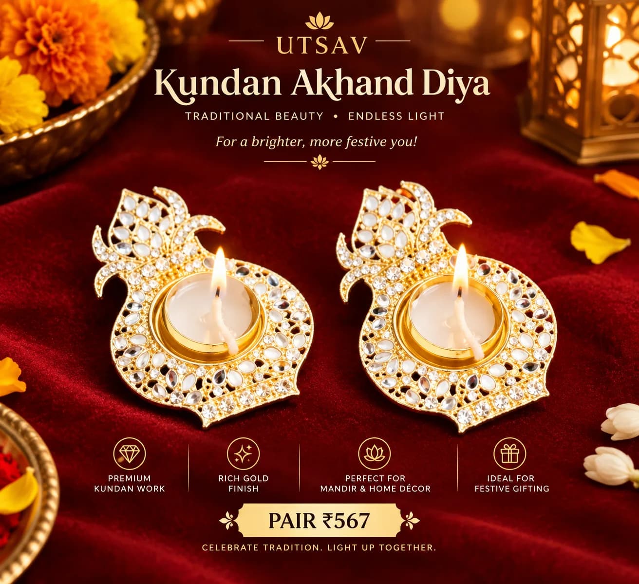 Kundan Kalash Akhand Diyas | Set of 2