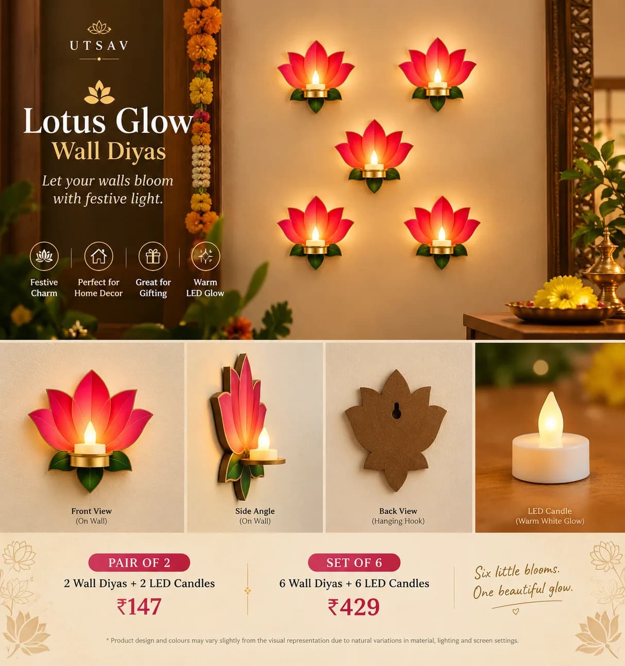 Lotus Wall Diyas | Set of 6