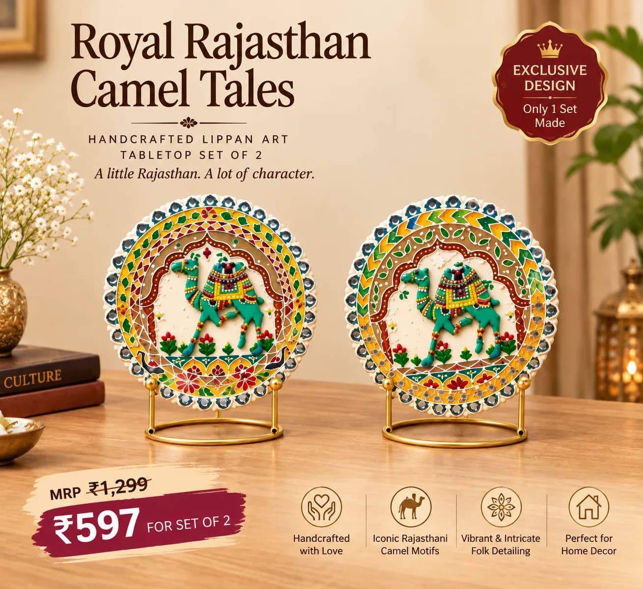 Royal Rajasthan Camel Tales: Set of 2 wall accents