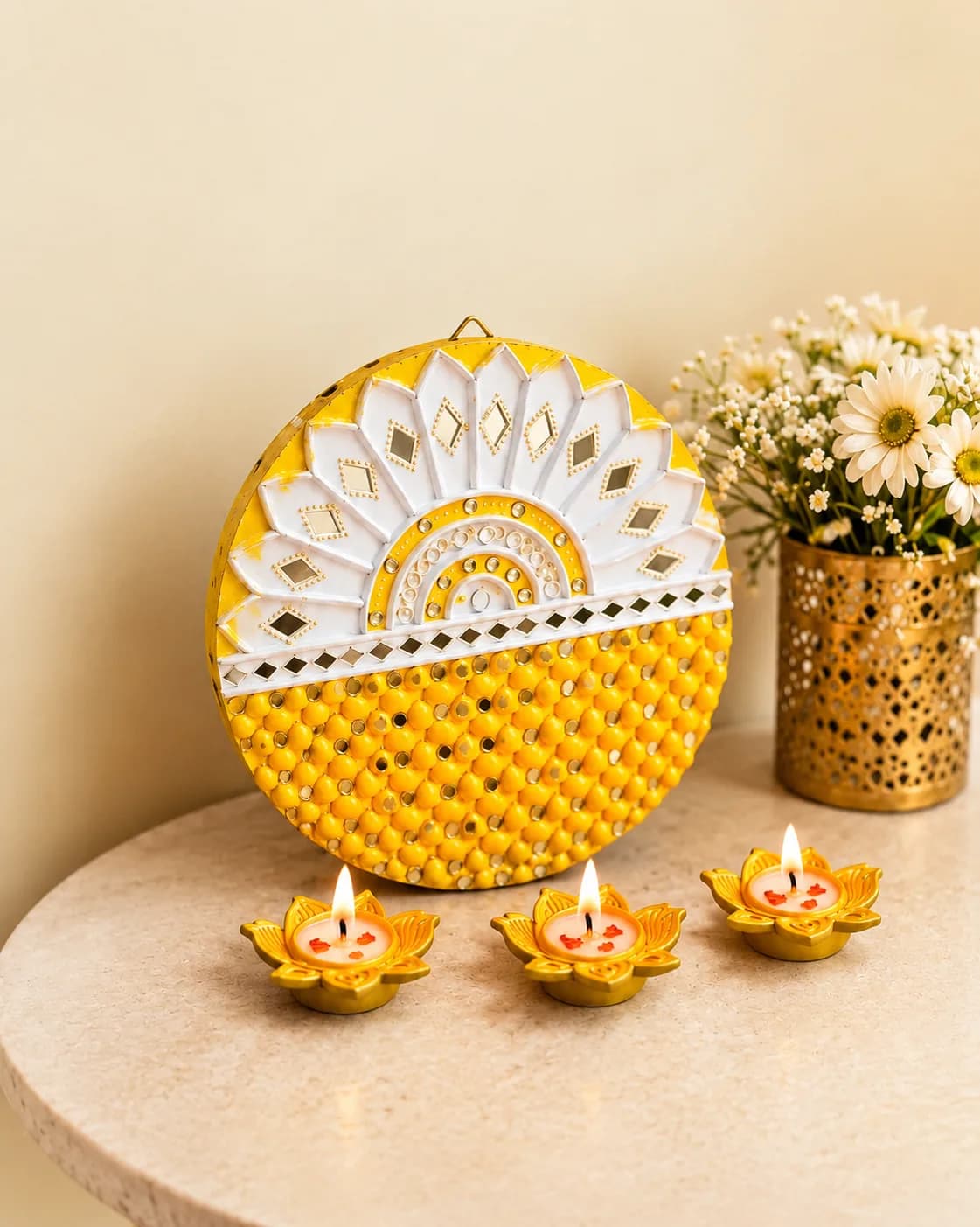 Sunlit Grace | Wall Accent Gift Set with 3 or  5 Diyas
